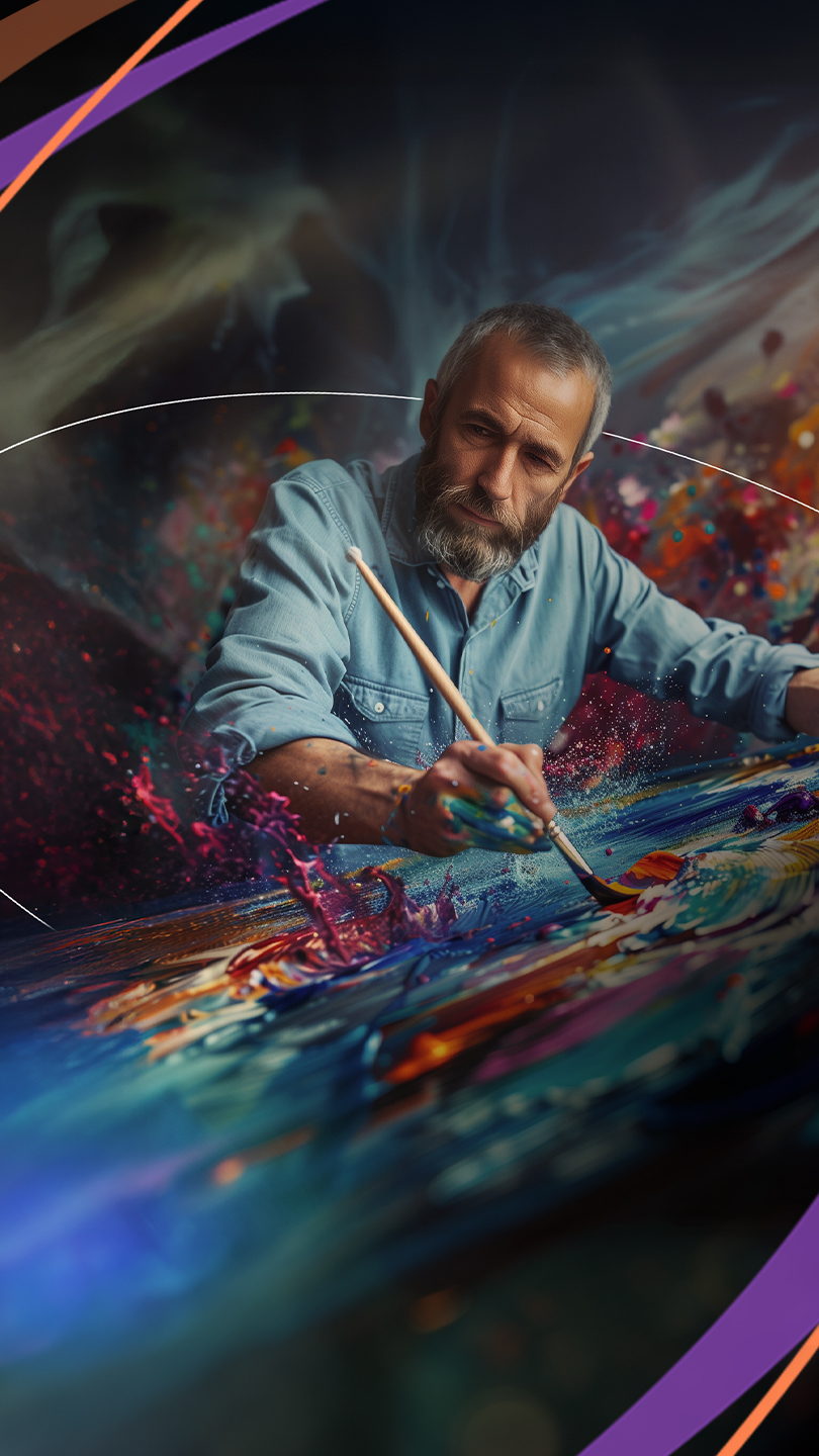 homem pintando em uma tela grande e colorida
