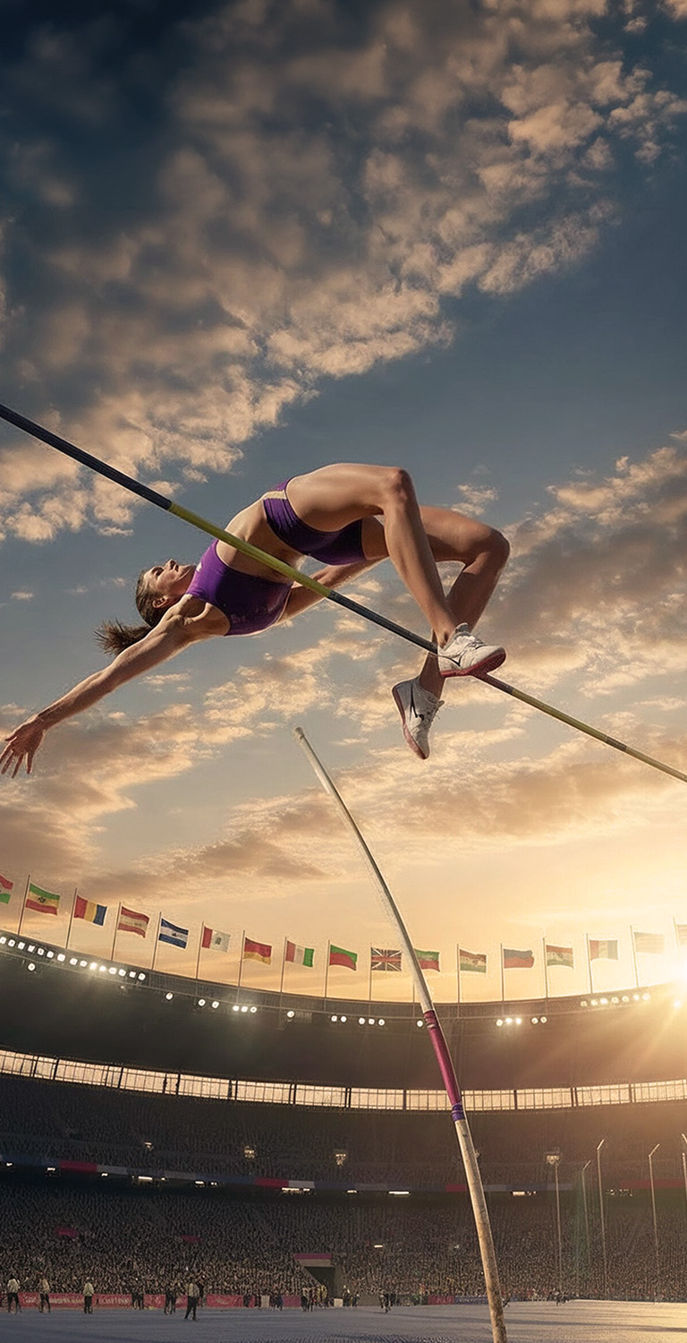 Atleta de heptatlo em ação, saltando alto com o céu ao fundo e bandeiras de diversos países ao redor do estádio.