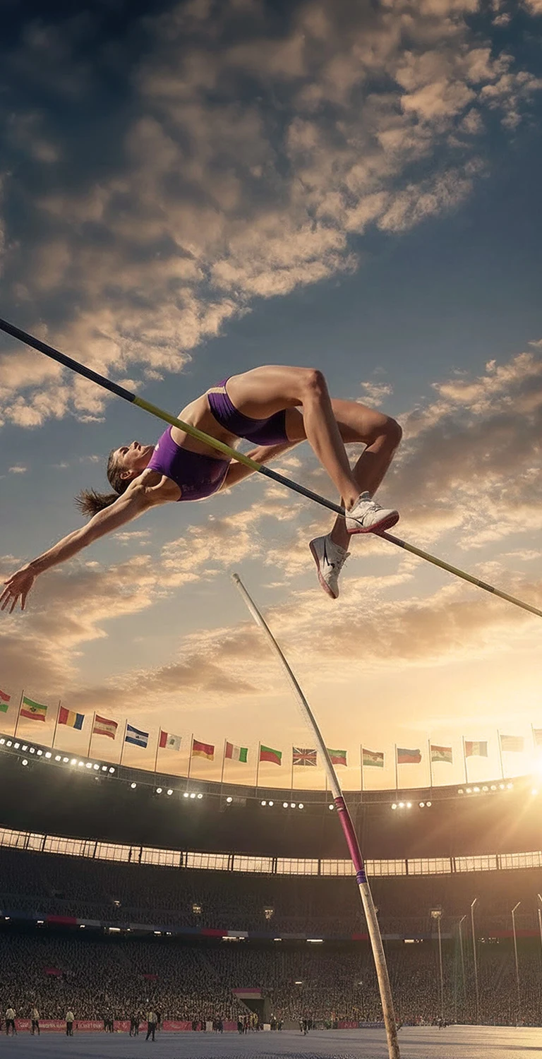 Atleta de heptatlo em ação, saltando alto com o céu ao fundo e bandeiras de diversos países ao redor do estádio.