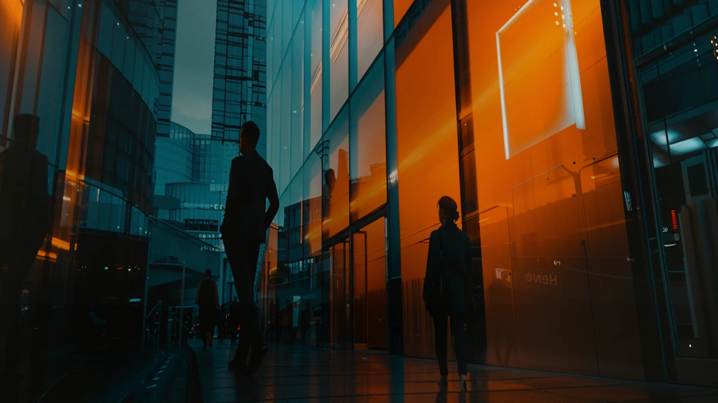 Imagem de um prédio moderno com fachadas de vidro refletindo o pôr do sol, com três pessoas caminhando na frente, ideal para arquitetura moderna.