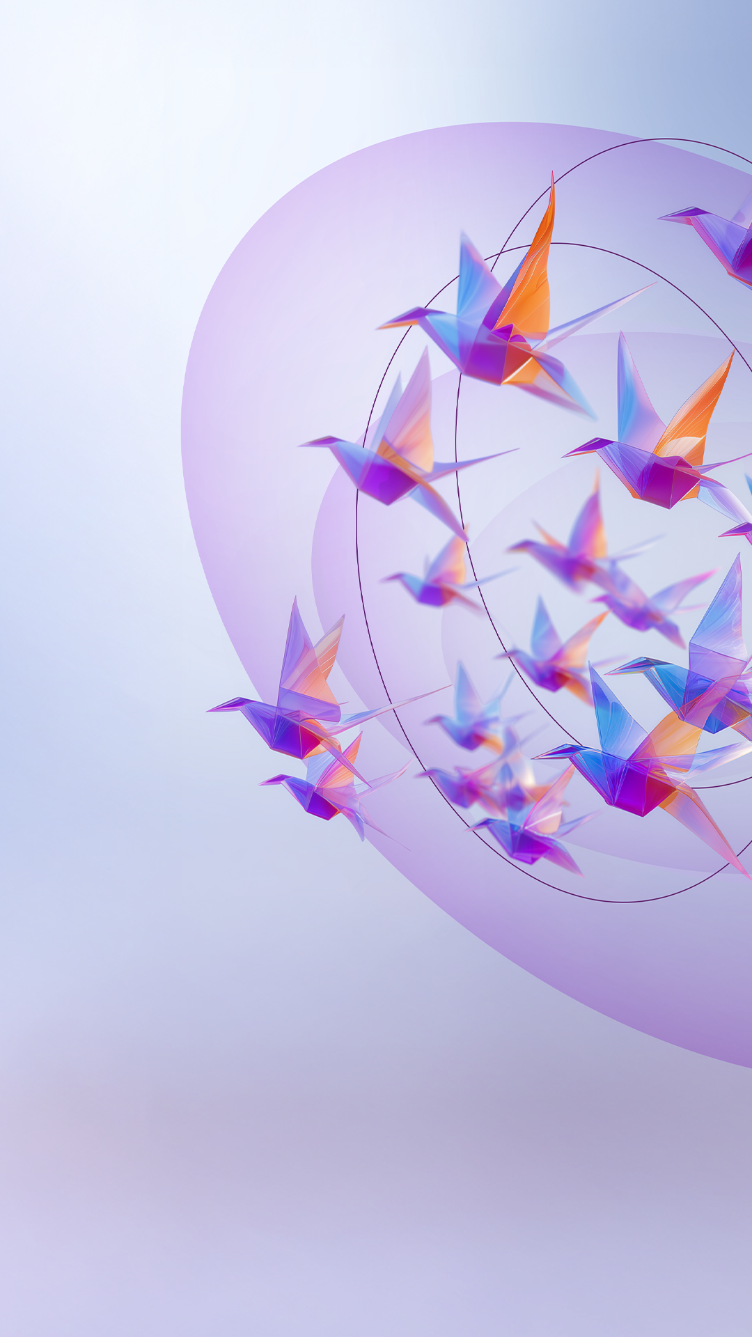 Imagem de fundo azulado com pássaros geométricos em tons de roxo, laranja e azul
