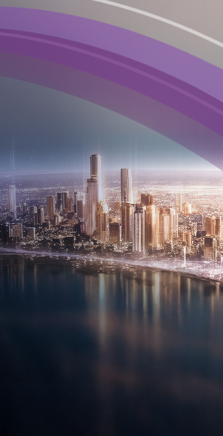 cidade futurista à beira dágua com arranha-céus e linhas luminosas representando fluxos financeiros