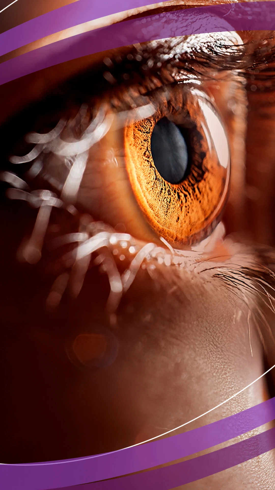 olho humano em close com reflexos e linhas curvas coloridas