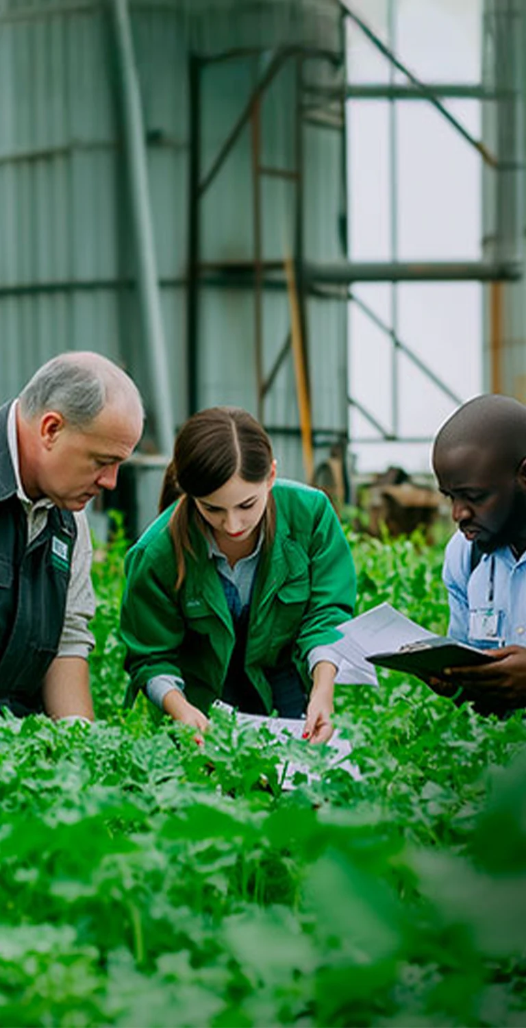 Equipe de profissionais em área verde, examinando plantas e registrando informações em tablets e pranchetas durante vistoria em ambiente de produção agrícola com silos ao fundo.