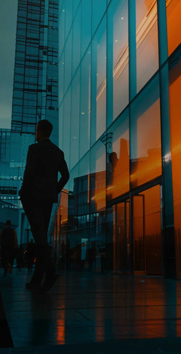 Imagem de um prédio moderno com fachadas de vidro refletindo o pôr do sol, com três pessoas caminhando na frente, ideal para arquitetura moderna.