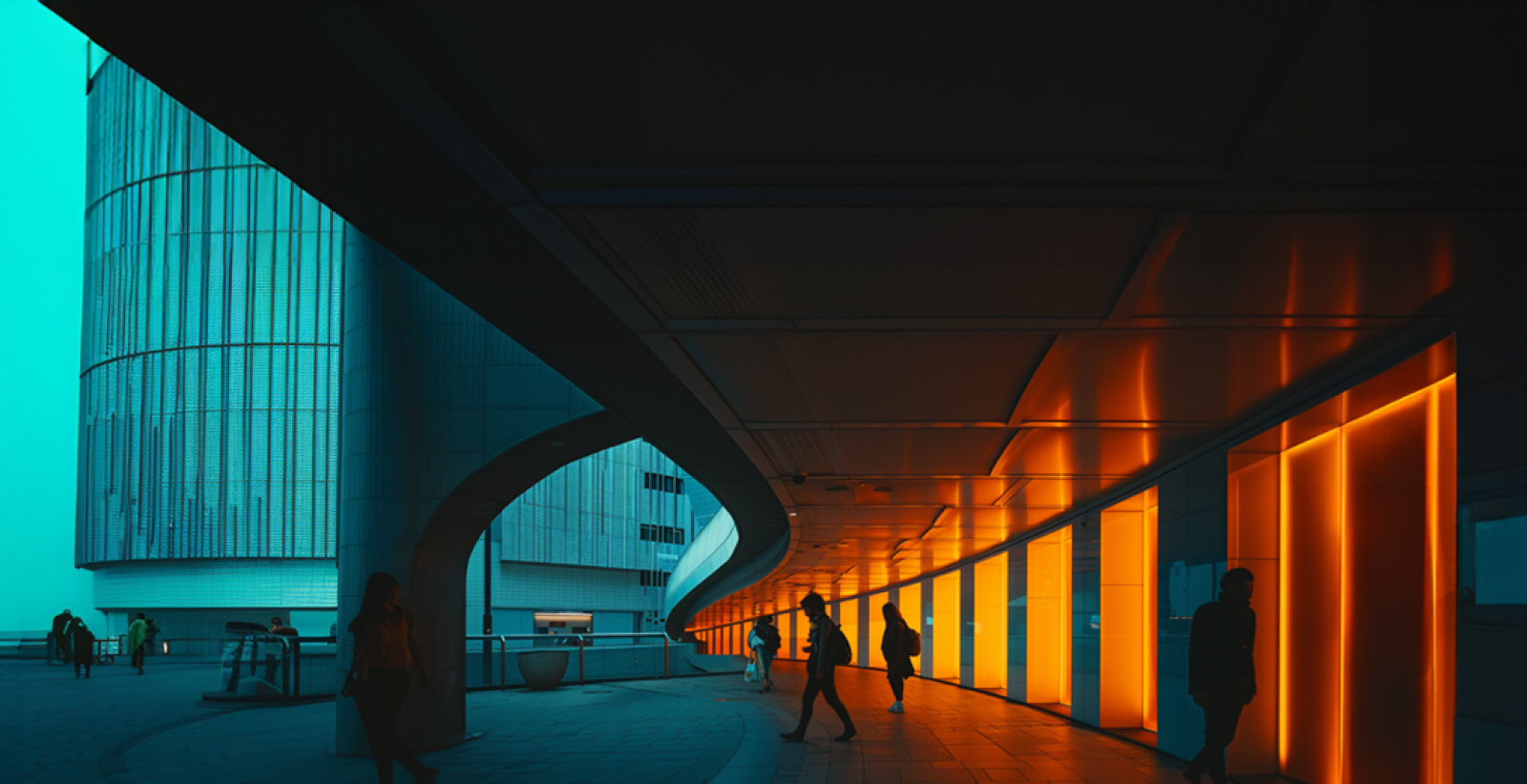 Imagem de um espaço moderno com iluminação de luzes laranja e azuis, pessoas caminhando sob uma estrutura arquitetônica futurista, ideal para eventos e exposições.