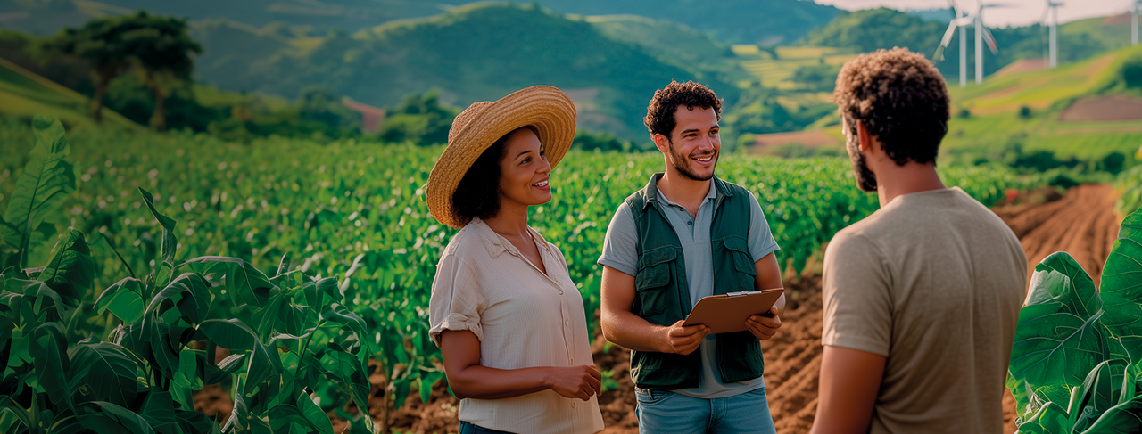 Três pessoas conversando em um campo agrícola verde, uma mulher com chapéu de palha, um homem com bloco de notas, simbolizando agricultura sustentável e inovação no campo