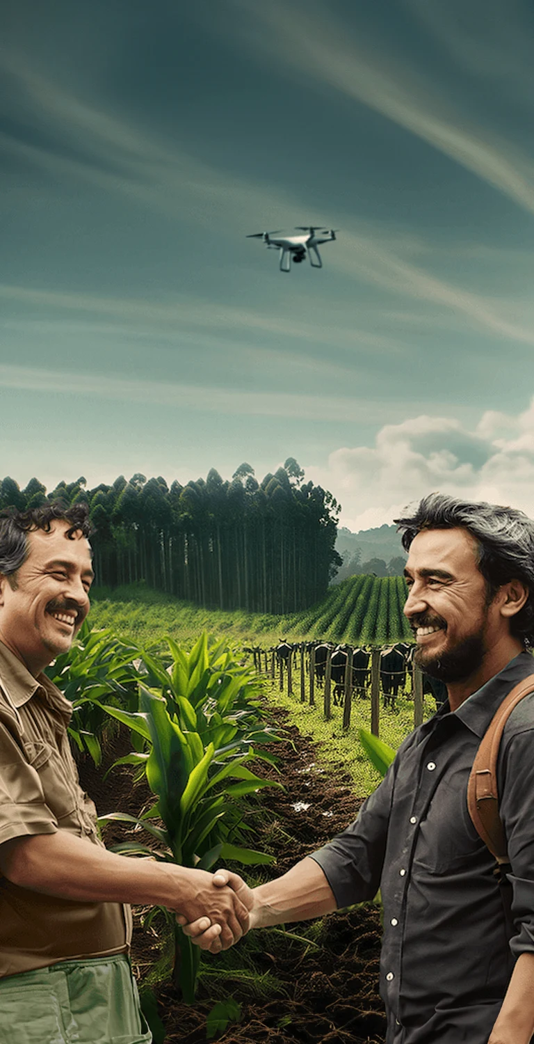 Homens agricultores sorrindo e apertando as mãos em uma plantação de milho, com gado ao fundo e drones sobrevoando o campo, simbolizando inovação na agricultura.