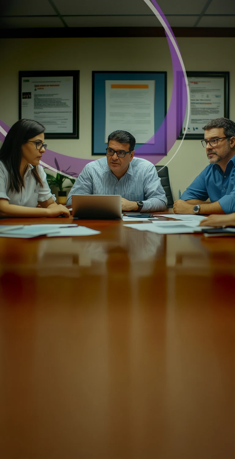 Quatro profissionais em reunião ao redor de mesa com laptop, em sala com parede verde, arco roxo decorativo e quadros informativos ao fundo.