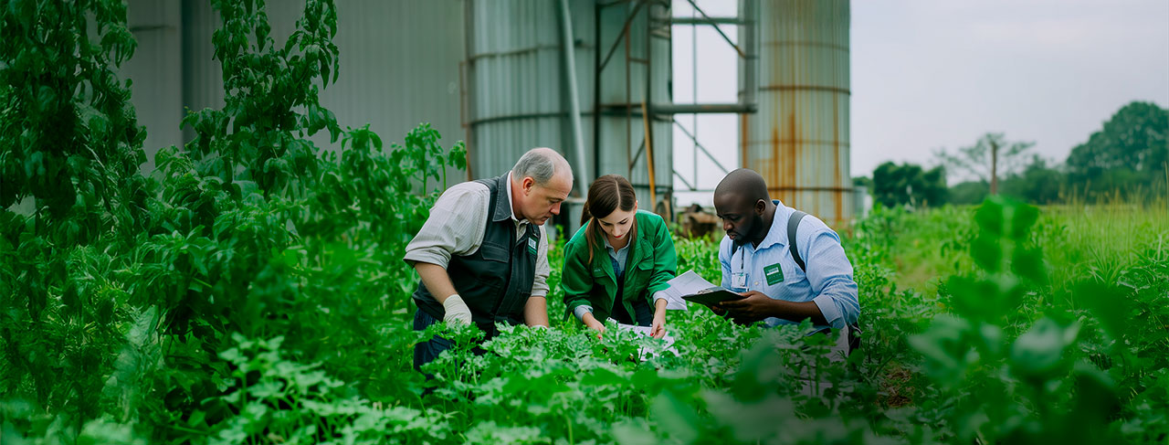Equipe de profissionais em área verde, examinando plantas e registrando informações em tablets e pranchetas durante vistoria em ambiente de produção agrícola com silos ao fundo.