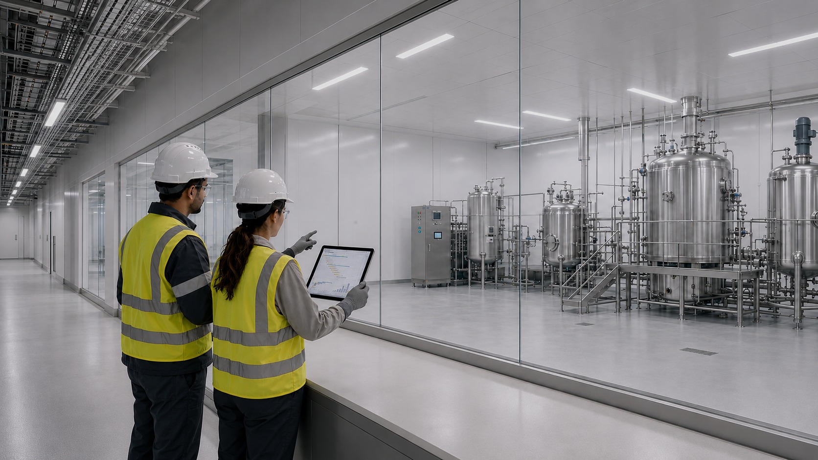 An AI-generated representation of project professionals reviewing a life sciences bioprocessing facility under construction.