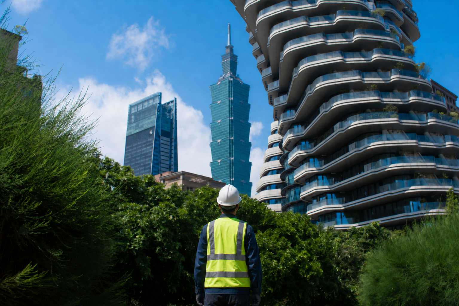 Construction professional overlooking Taipei 101 and the surrounding urban landscape in Taiwan.