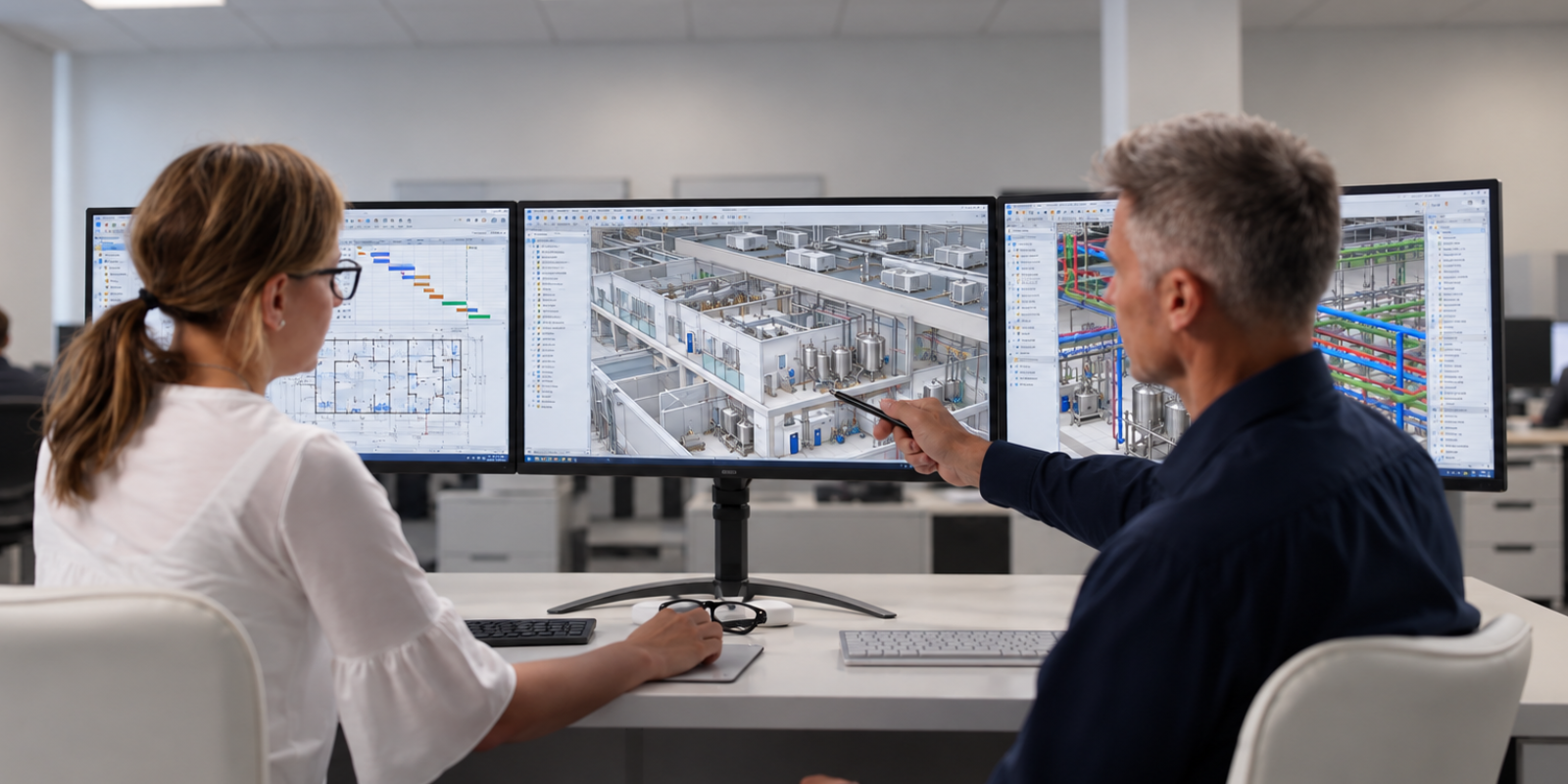 Reviewing digital designs for a pharmaceutical manufacturing facility, including cleanrooms, process equipment and building services.