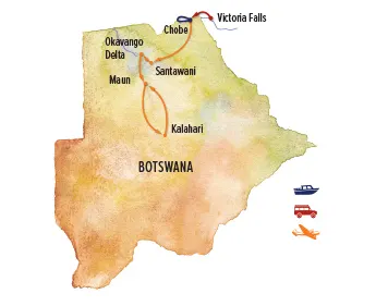 Trip map for Botswana: Kalahari, the Delta & Beyond