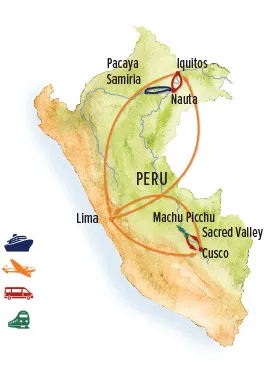 Trip map for Discover Amazon & Machu Picchu