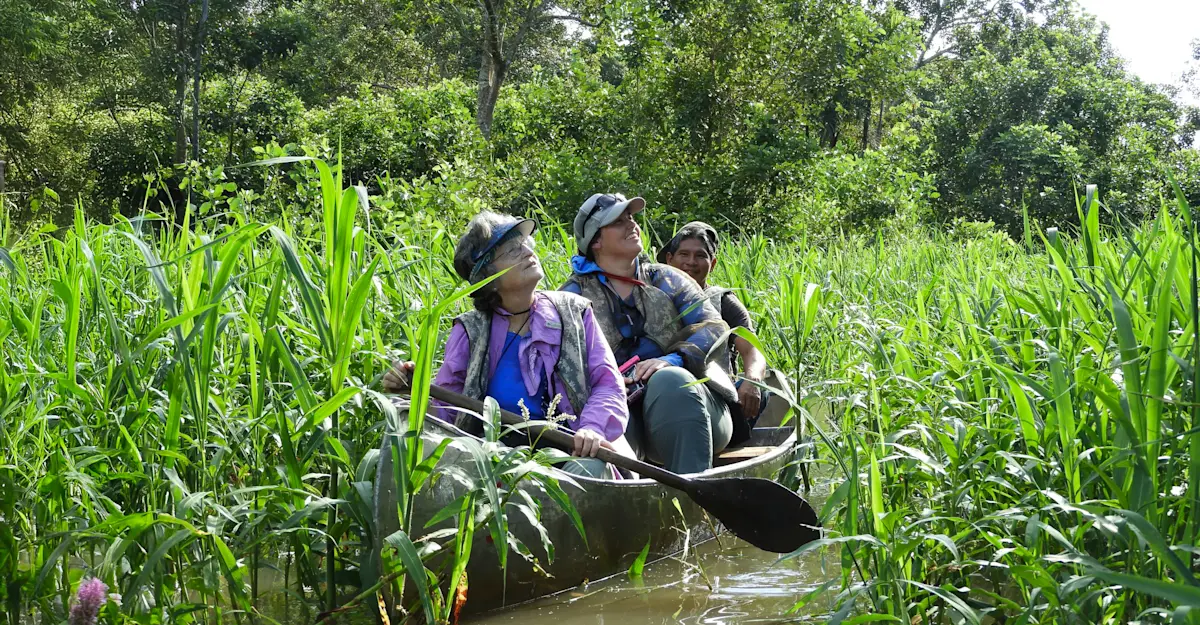 Earthwatch Expeditions guests canoeing, Amazon, Peru.