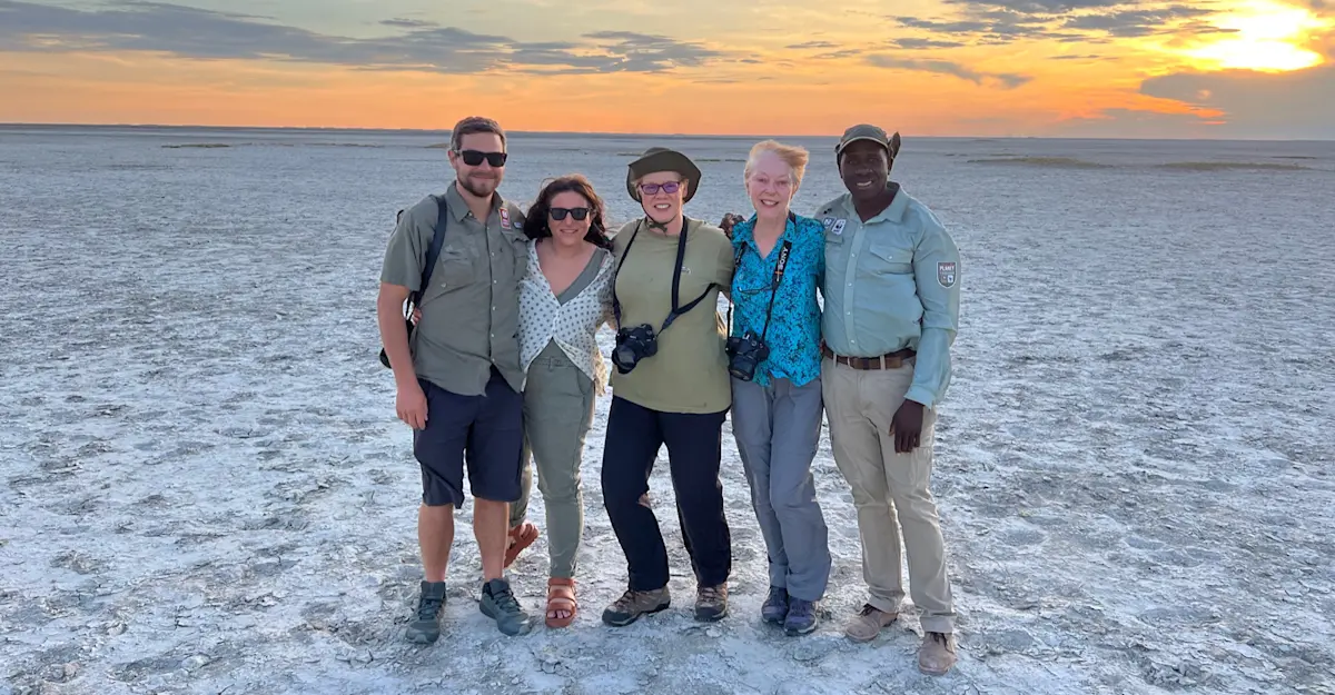 Nat Hab guests, Makgadikgadi Pans, Kalahari Desert, Botswana.