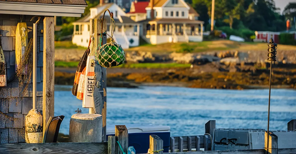 Dock with fishing equipment, Maine.