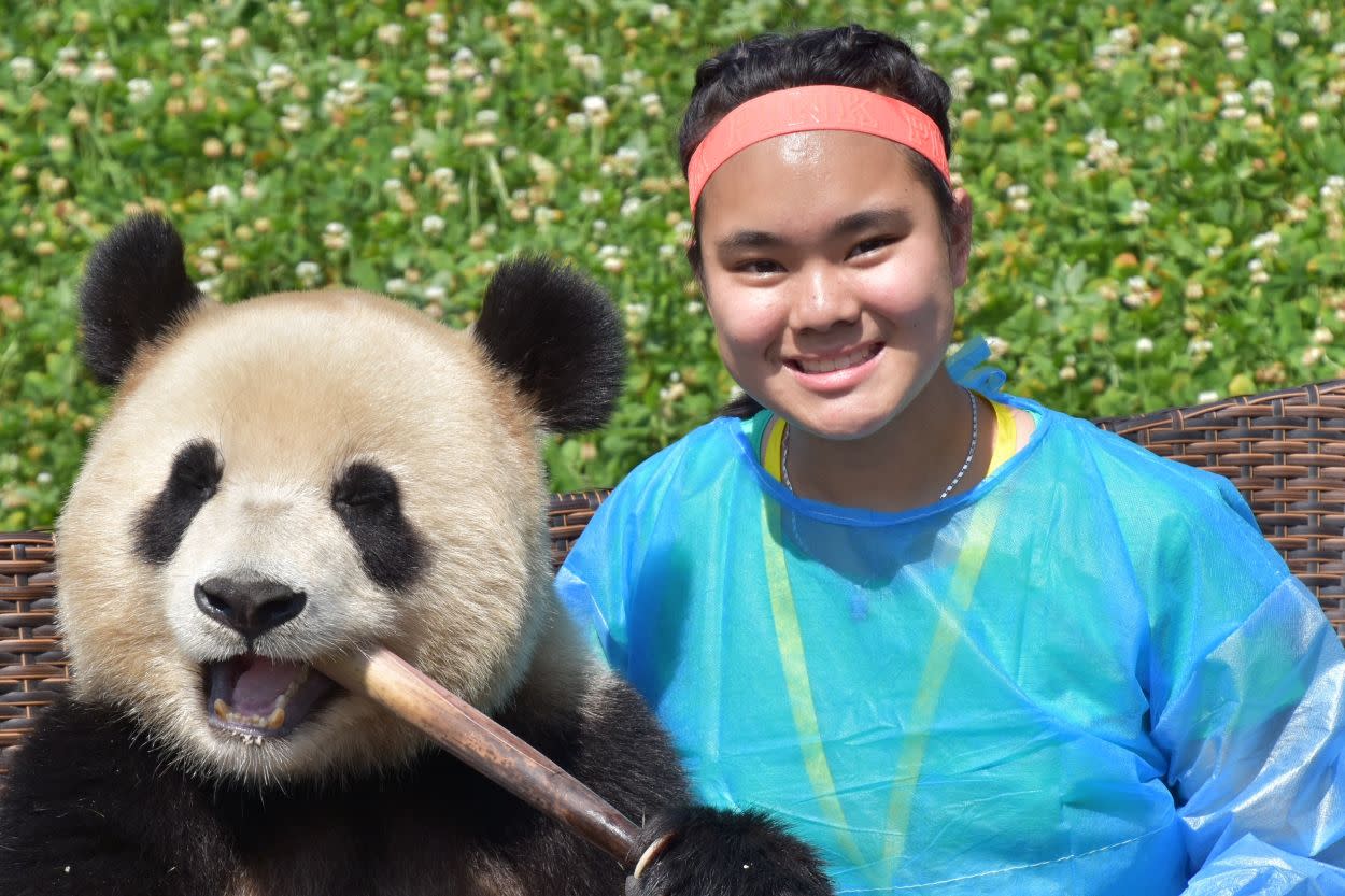 Sharing a seat with the cutest local, Chengdu, China.