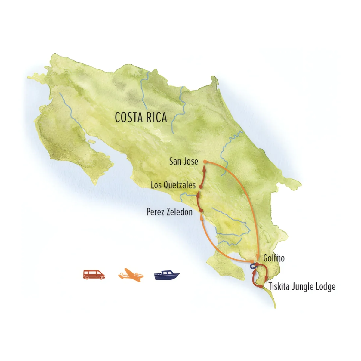 Trip map for Costa Rica Wilderness Explorer