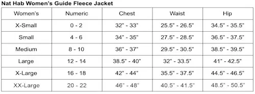 Pat Womens Fleece Jacket Size Chart