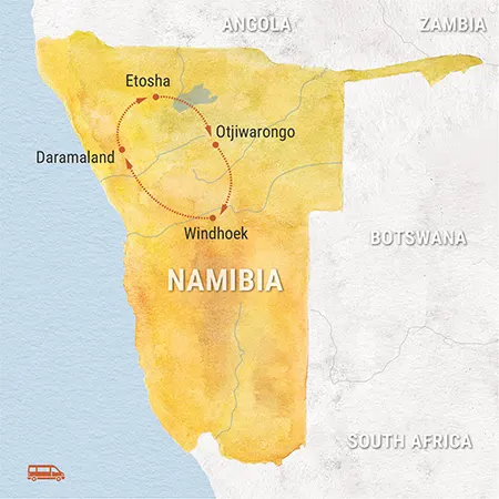 Trip map for Namibia’s Cheetahs at Close Range