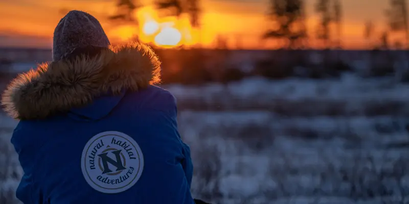Nat Hab guest photographing the sunset, Churchill, Manitoba.