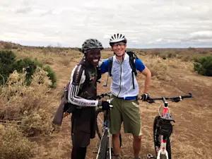 Biking with my guide Musa in Mashatu Game Reserve, Botswana.