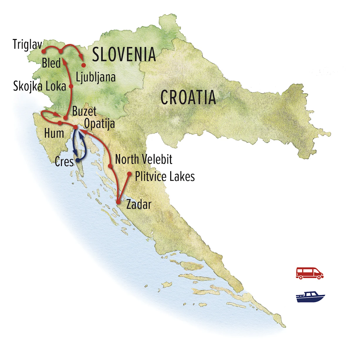 Trip map for Croatia & Slovenia: From the Adriatic to the Alps