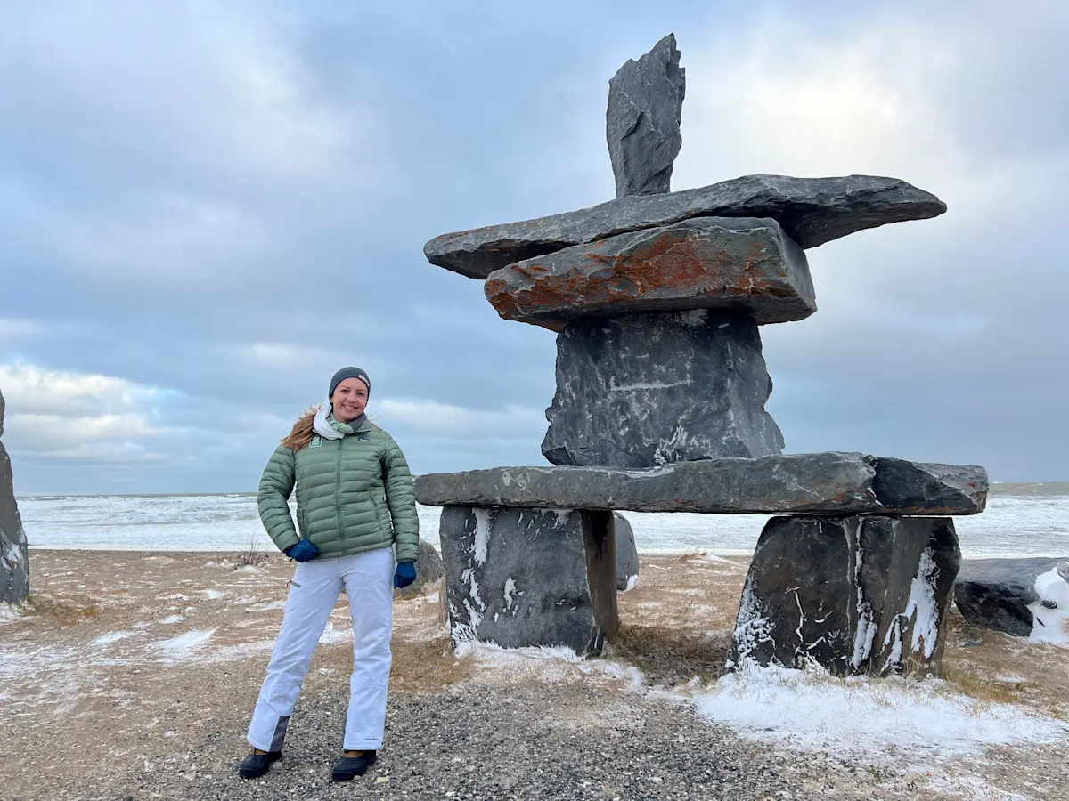 Visiting the Inukshuk, a man-made stone used by the Inuit, located in Churchill, Canada.