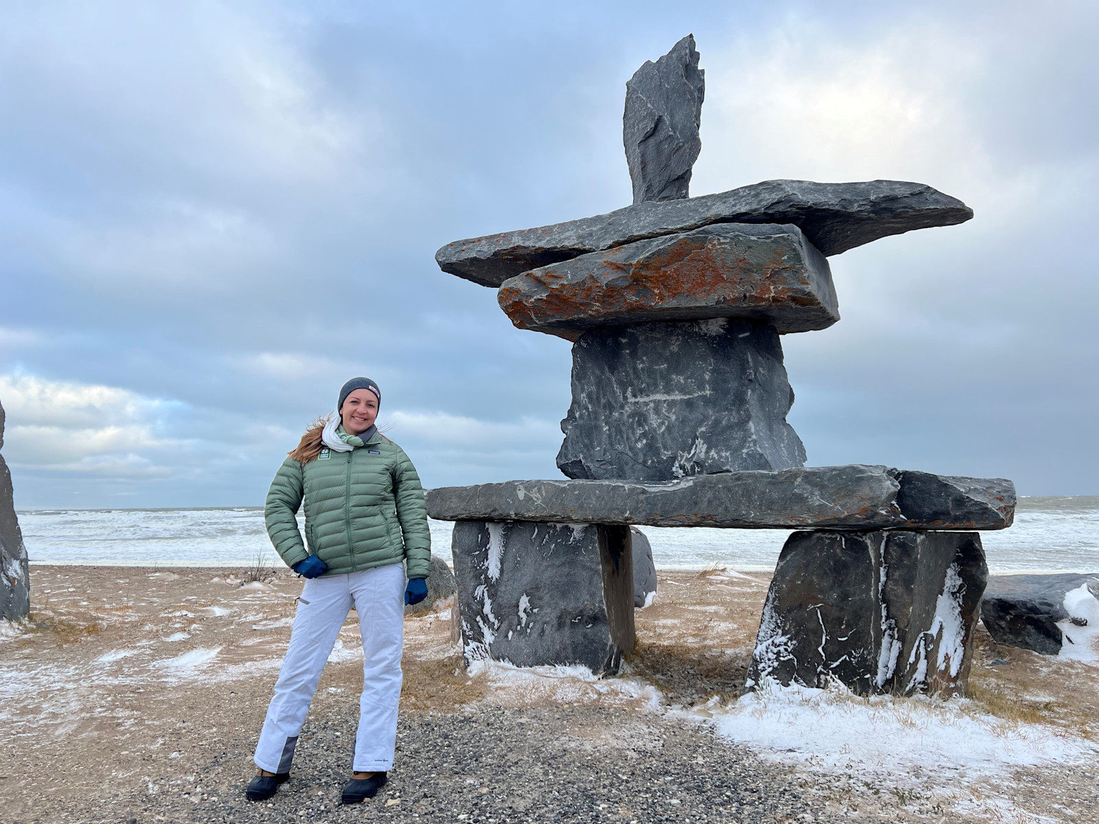 Visiting the Inukshuk, a man-made stone used by the Inuit, located in Churchill, Canada.