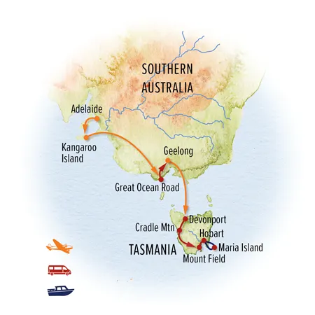 Trip map for Southern Australia & Tasmania Photo Expedition