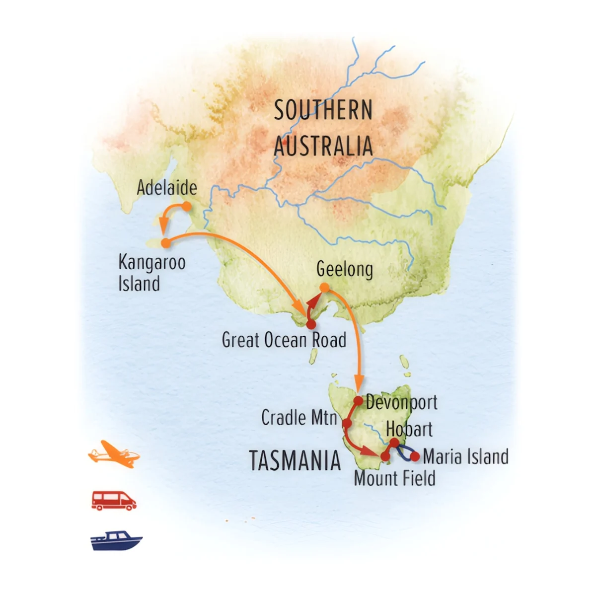 Trip map for Southern Australia & Tasmania Photo Expedition
