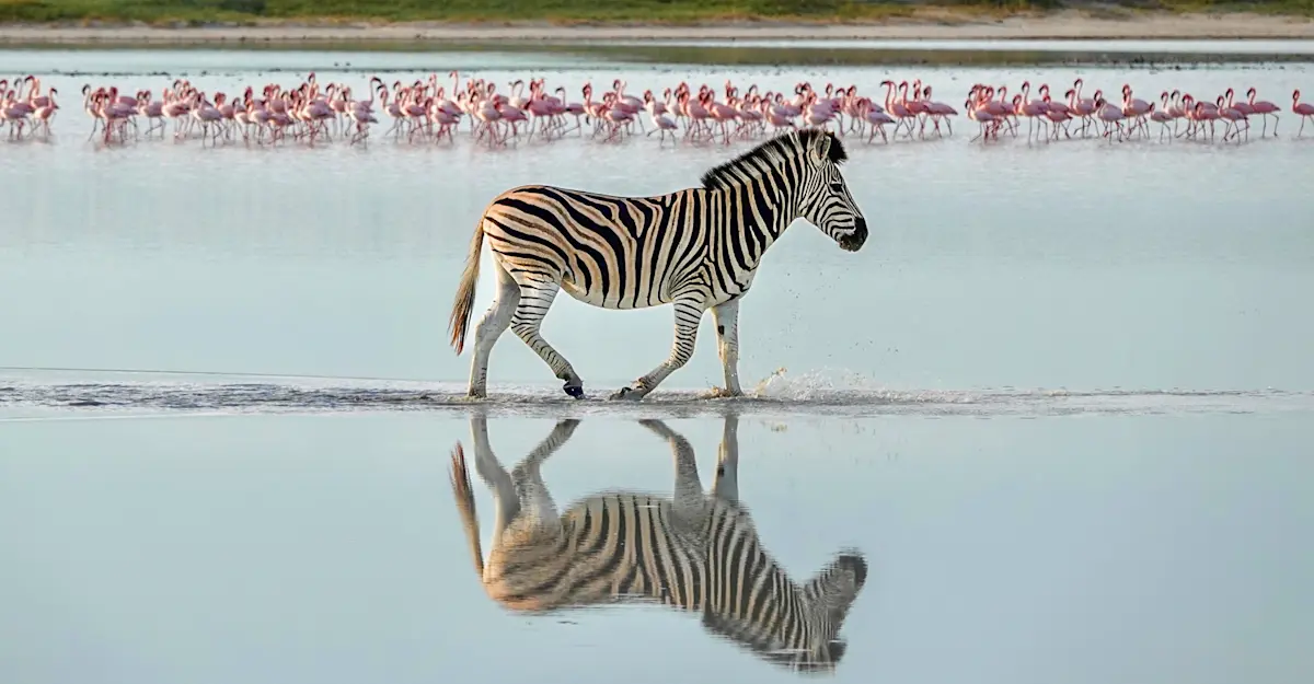Zebra and flamingos, Makgadikgadi Pans, Eastern Kalahari, Botswana.