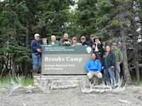Hiking along Brooks Falls in Alaska. 