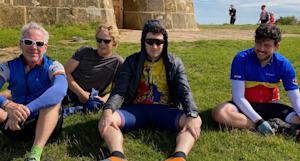 Finlay cycling through the Cotswolds with his friends