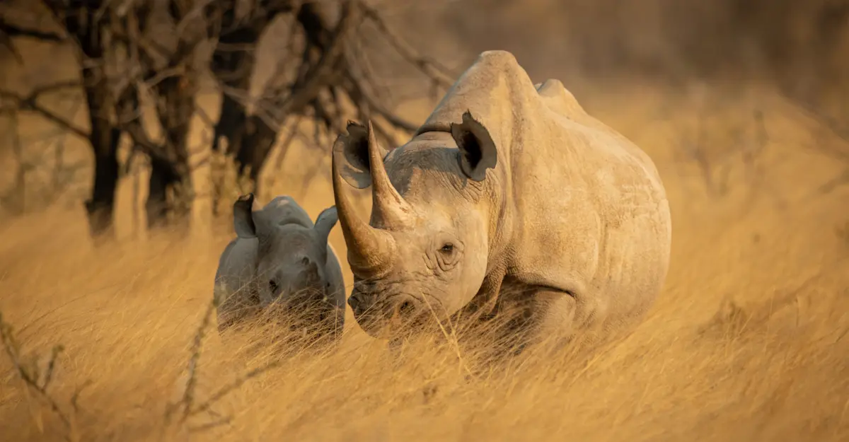 Black rhino mother and calf, Etosha Heights, Namibia.