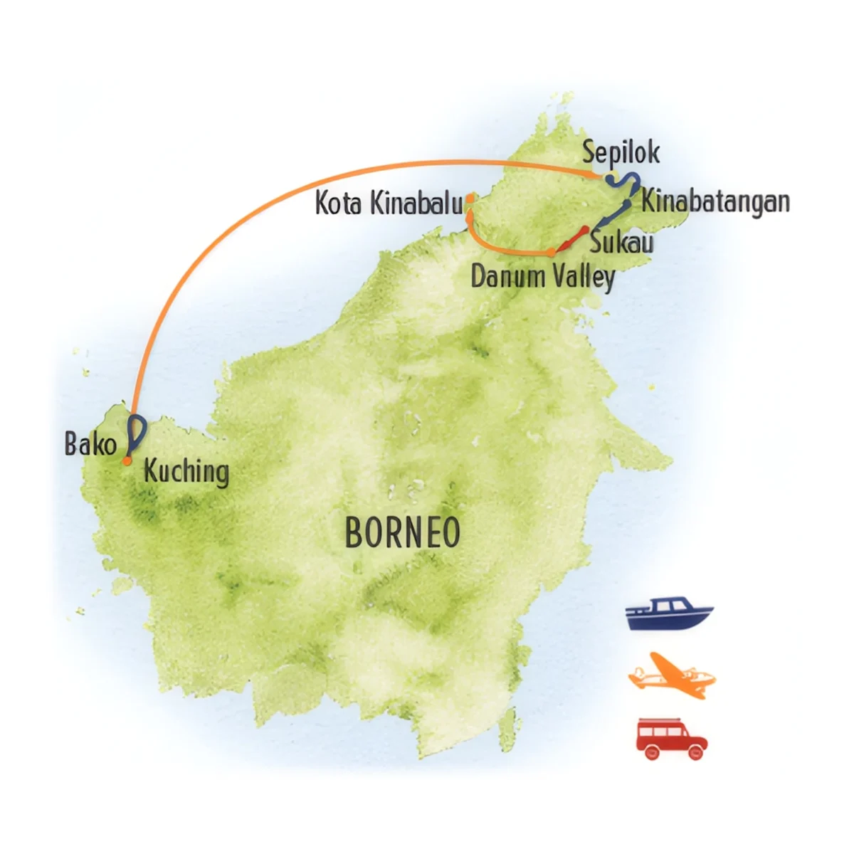 Trip map for The Wilds of Borneo: Orangutans & Beyond
