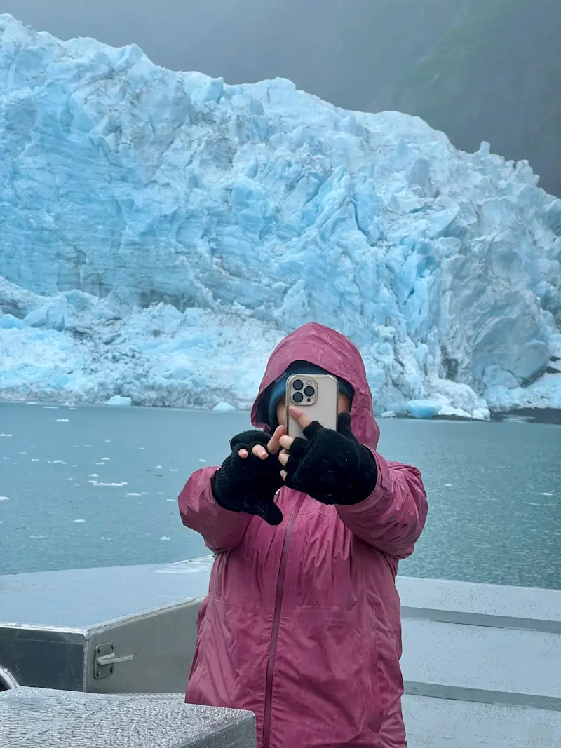Taking a selfie with a HUGE glacier in Alaska.