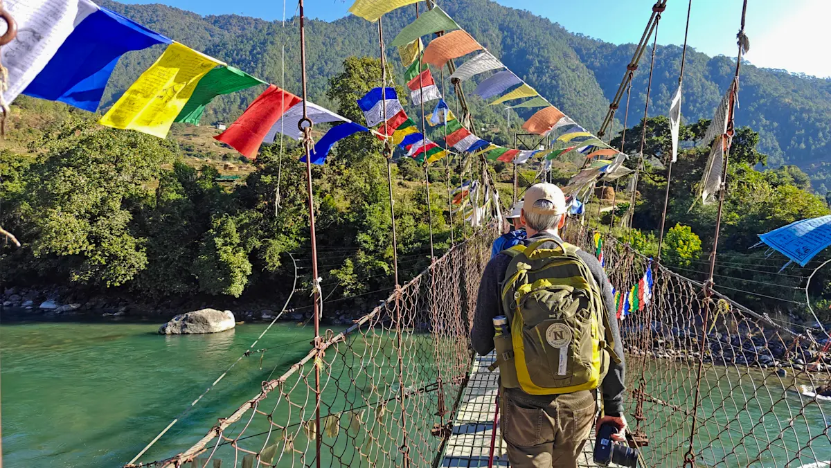 Nat Hab guest, Punakha Suspension Bridge, Po Chhu River, Punakha, Bhutan.