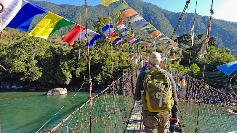 Nat Hab guest, Punakha Suspension Bridge, Po Chhu River, Punakha, Bhutan.