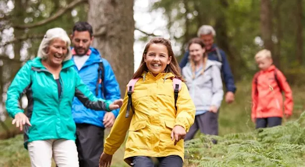 Family on hike through woods