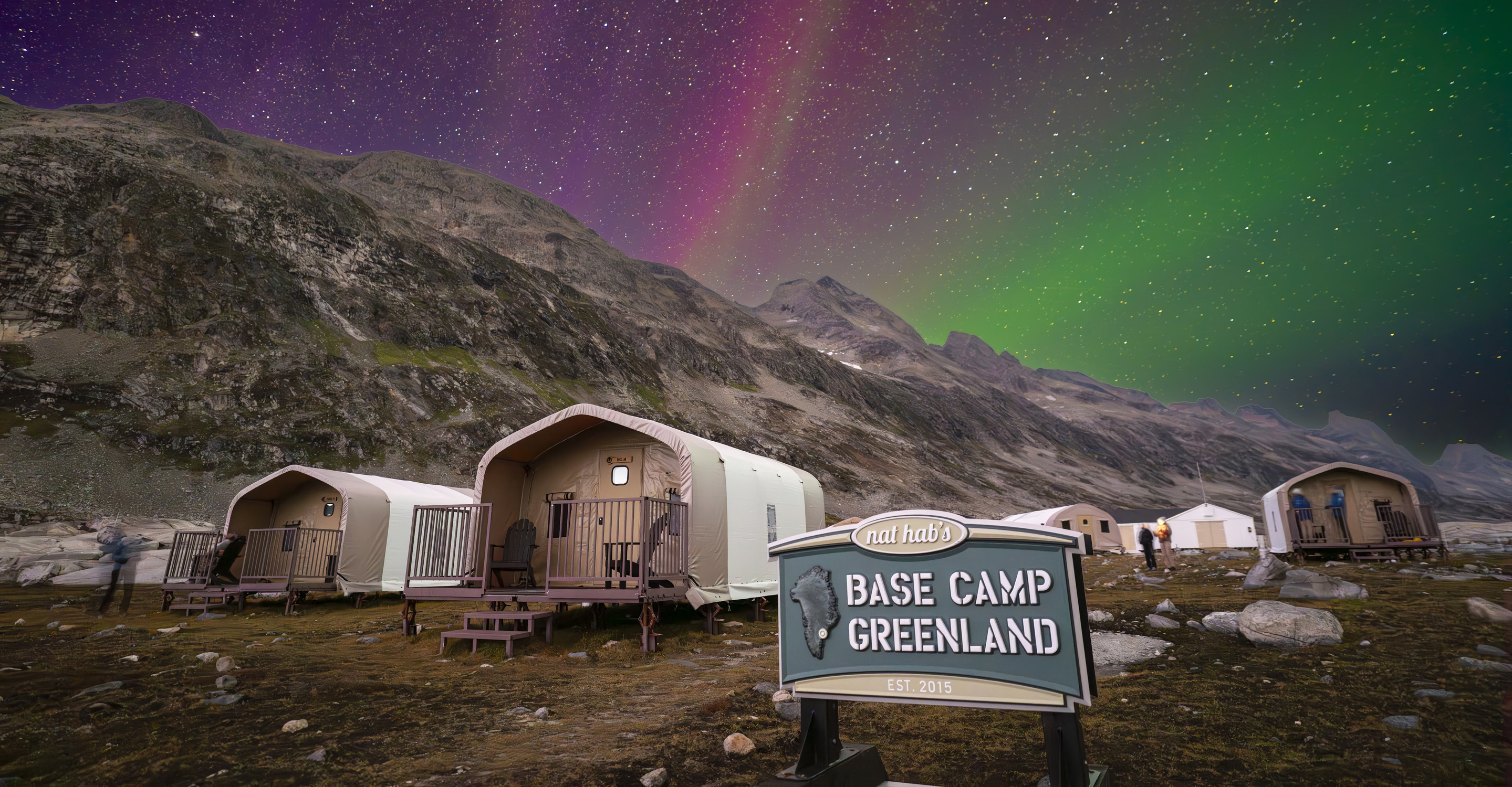 Northern Lights over Nat Hab's Base Camp Greenland. 