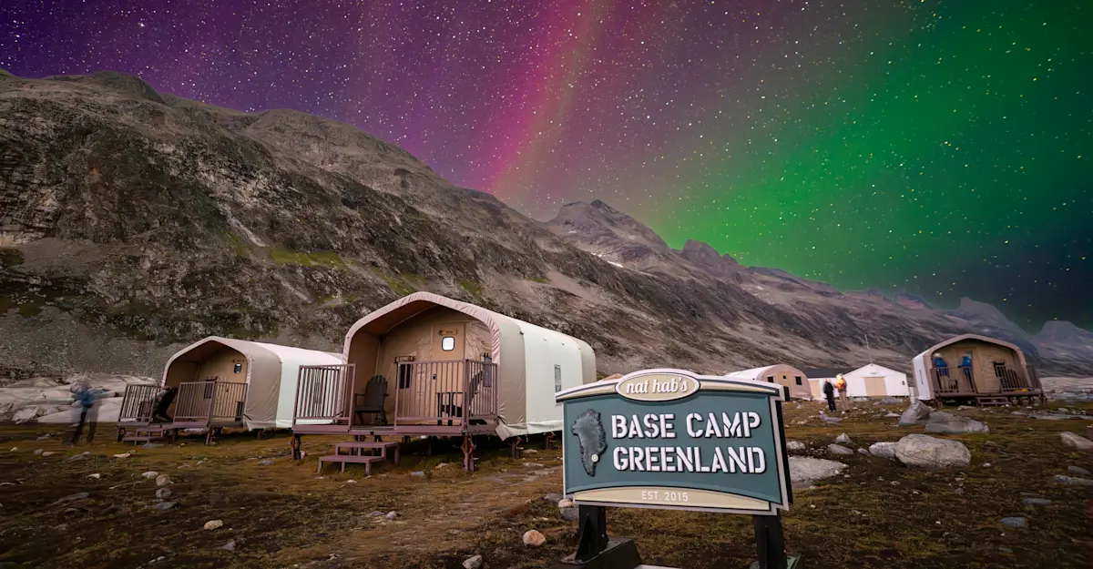 Northern Lights over Nat Hab's Base Camp Greenland. 