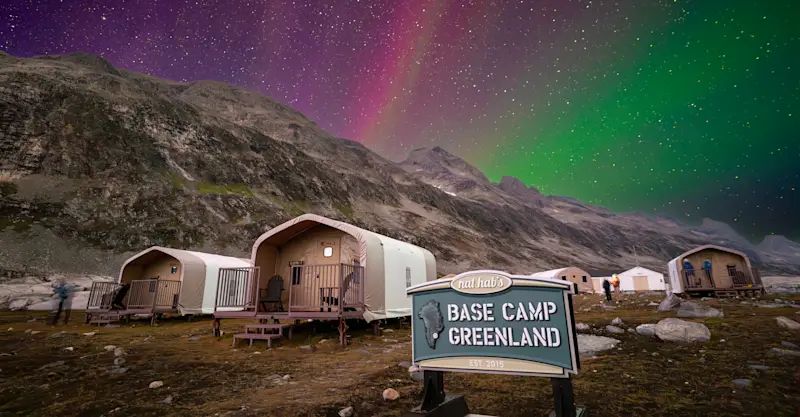 Northern Lights over Nat Hab's Base Camp Greenland. 