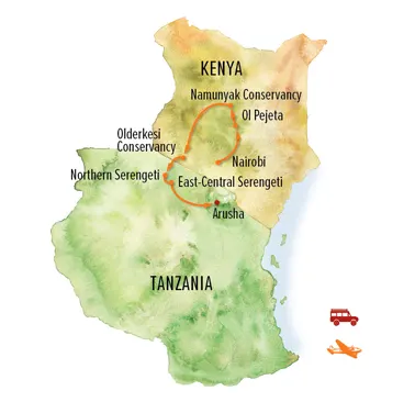 Trip map for Pride of East Africa: Kenya & Tanzania