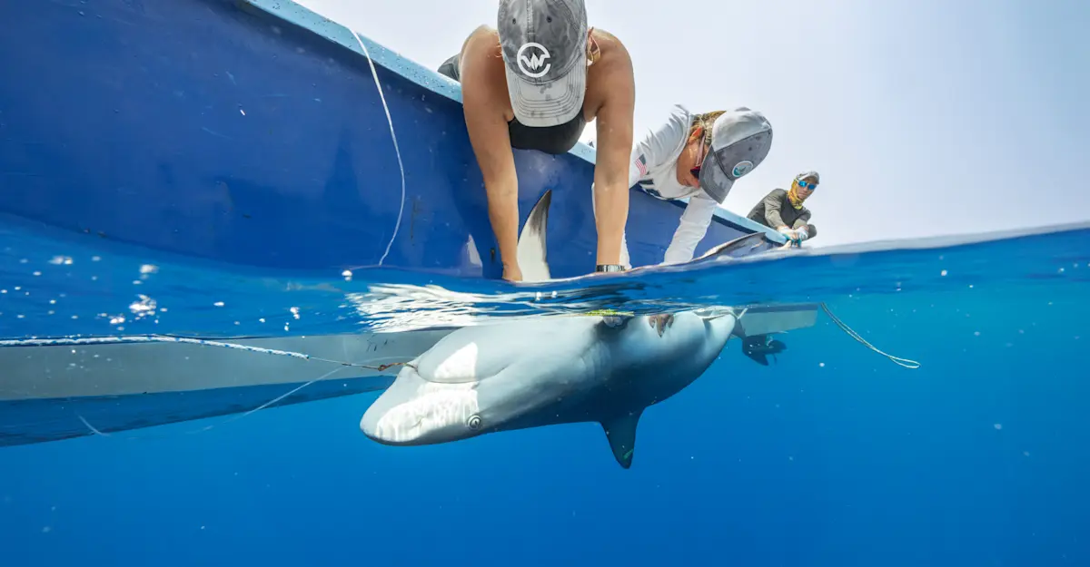 Earthwatch Expeditions guests tag a shark, Belize.