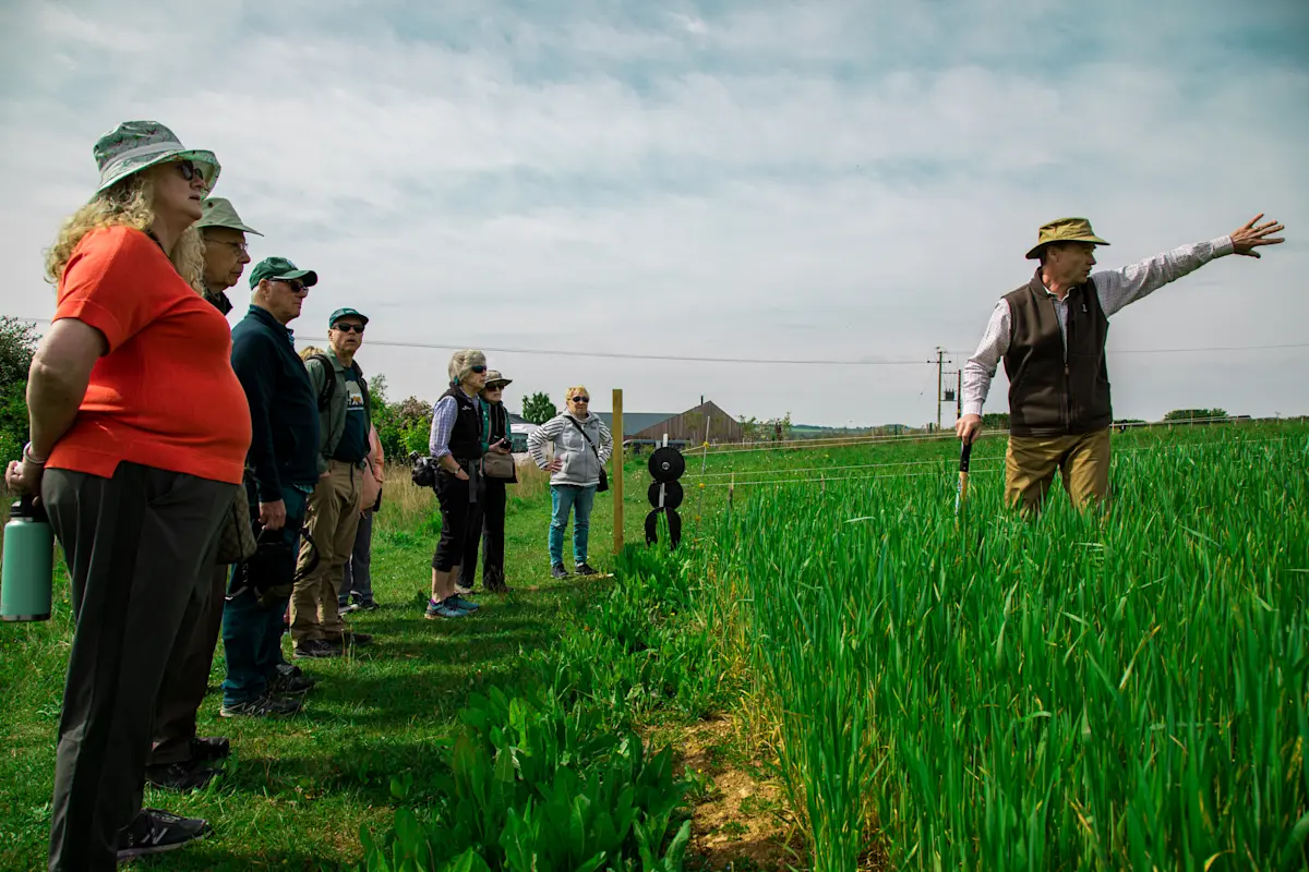 Nat Hab guests learn about about sustainable farming, Honeydale Farm, Cotswolds.