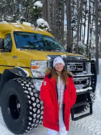With the snowcoach in Yellowstone National Park, Wyoming. 