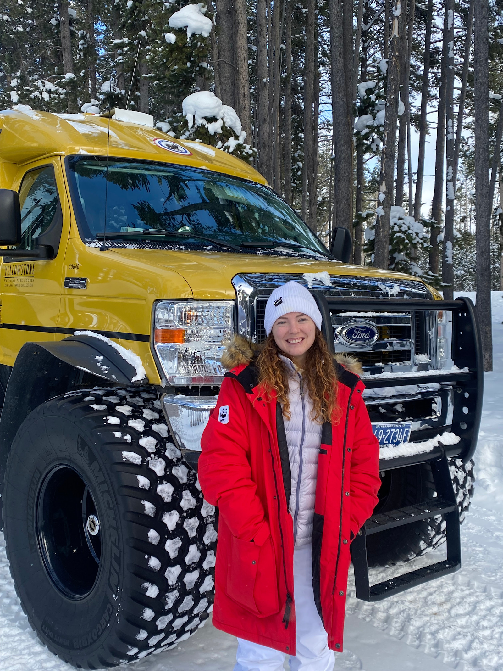 With the snowcoach in Yellowstone National Park, Wyoming. 